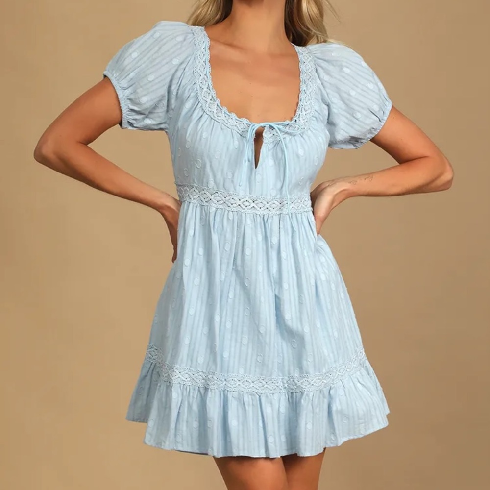 So Darling Light Blue Dotted Short Sleeve Mini Dress